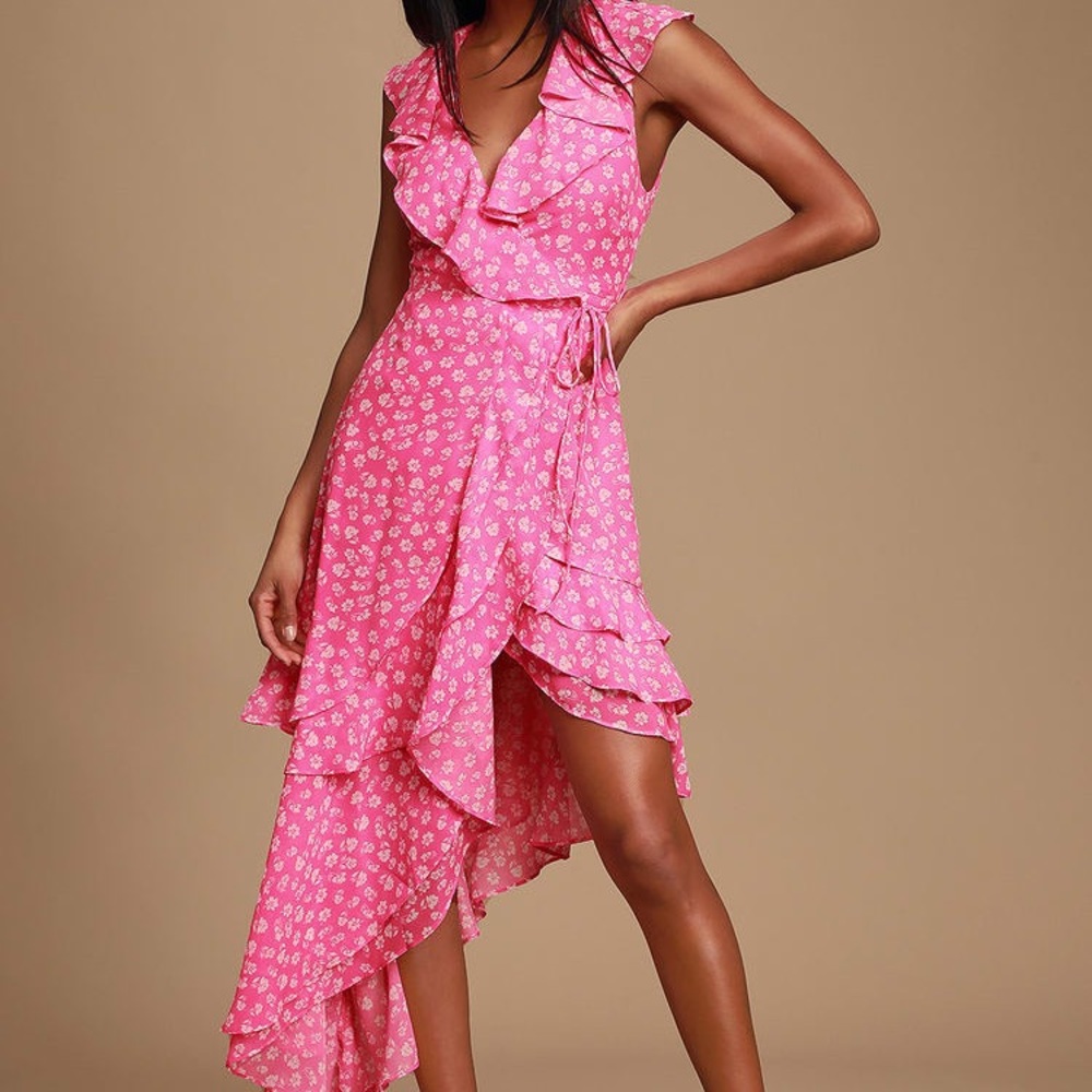 Cornelia Fuchsia Pink Floral Print Ruffled Wrap Midi Dress NWOT never worn